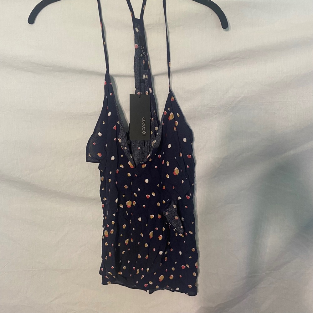 19 Cooper Navy Blue Polka Dot Ruffle Front T-Back Camisole Top Womens Size M NEW